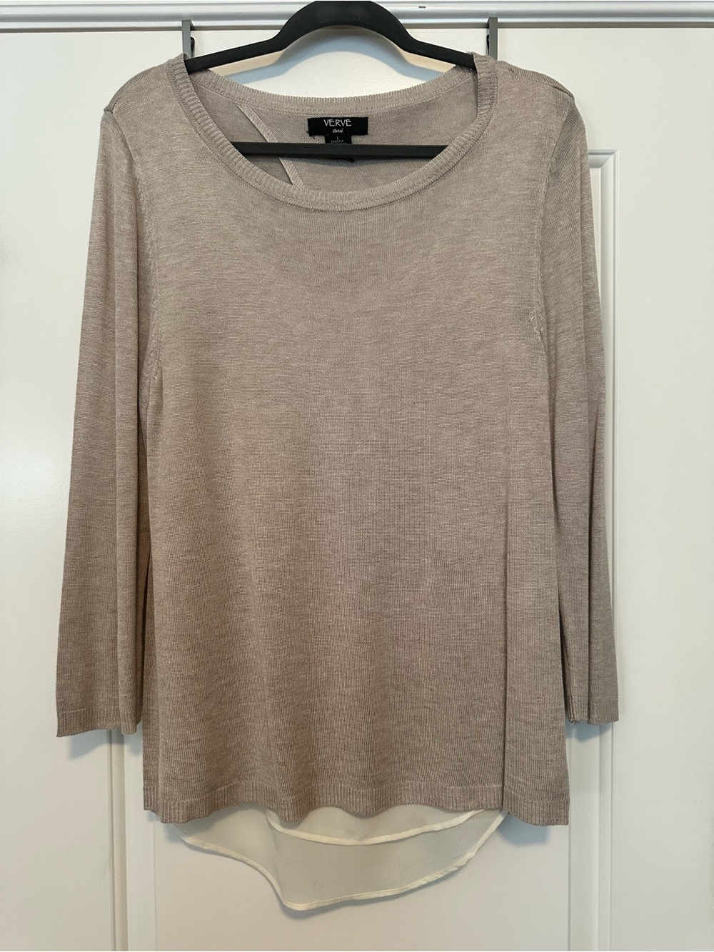 Verve Ami Taupe Scoop Neck Layered Sweater Open Back